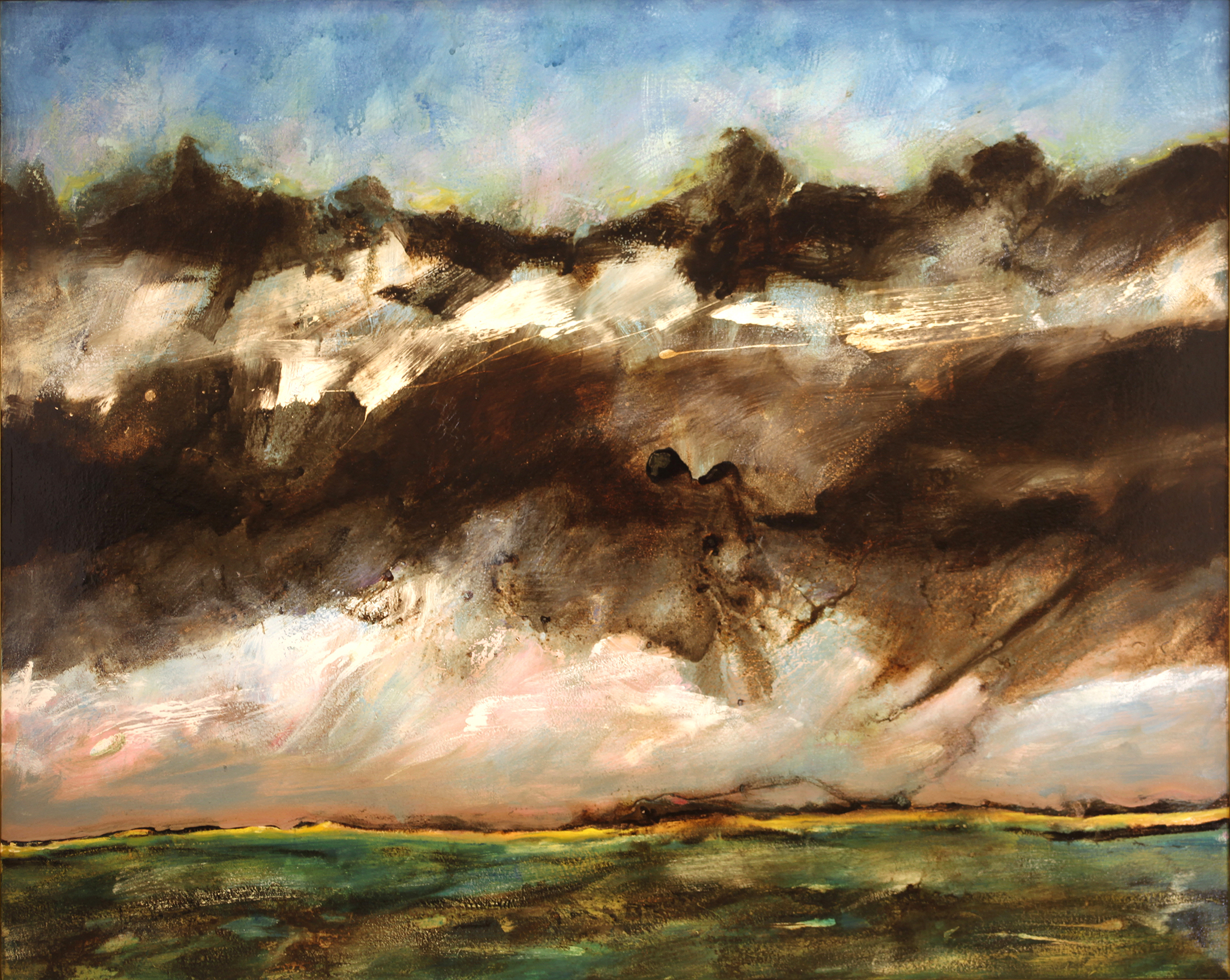 Stormy landscape painting with dramatic clouds