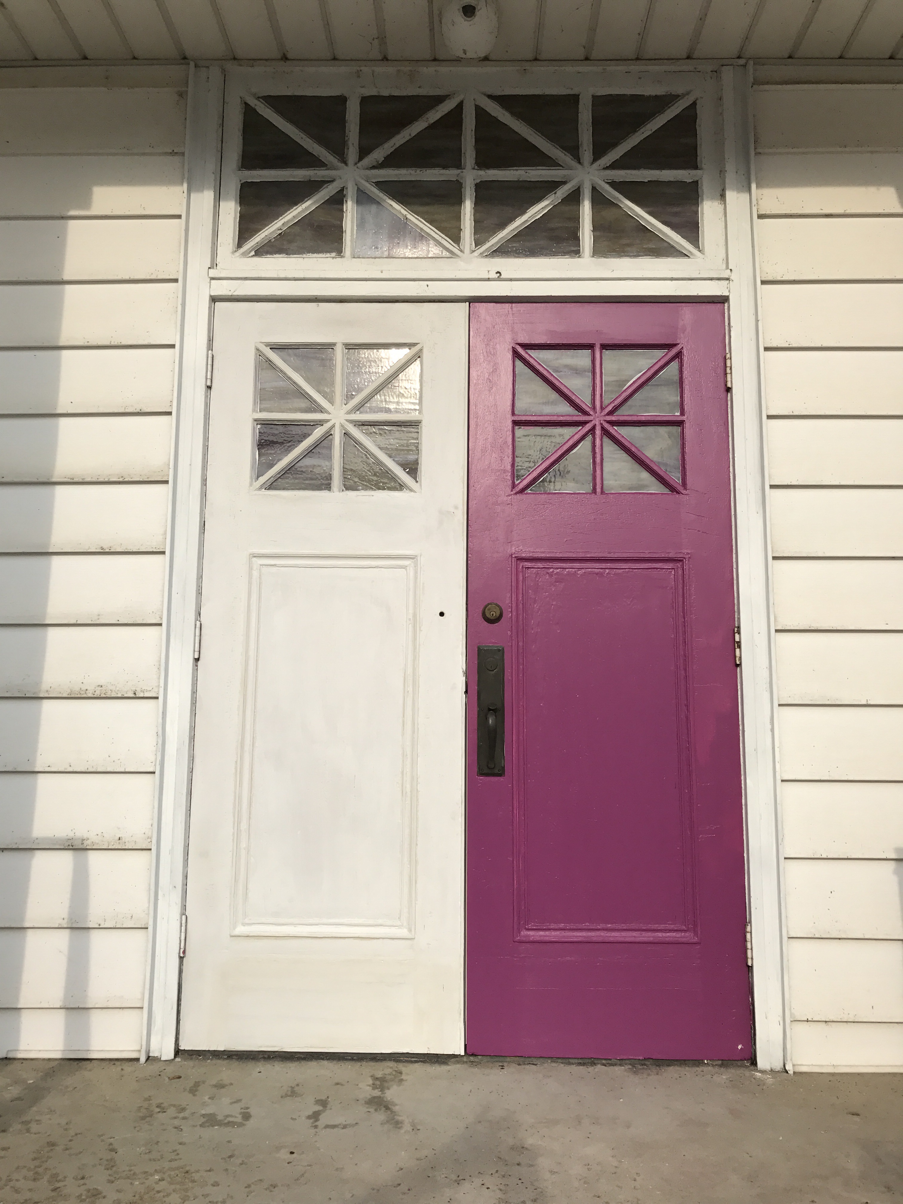 White and purple double front doors