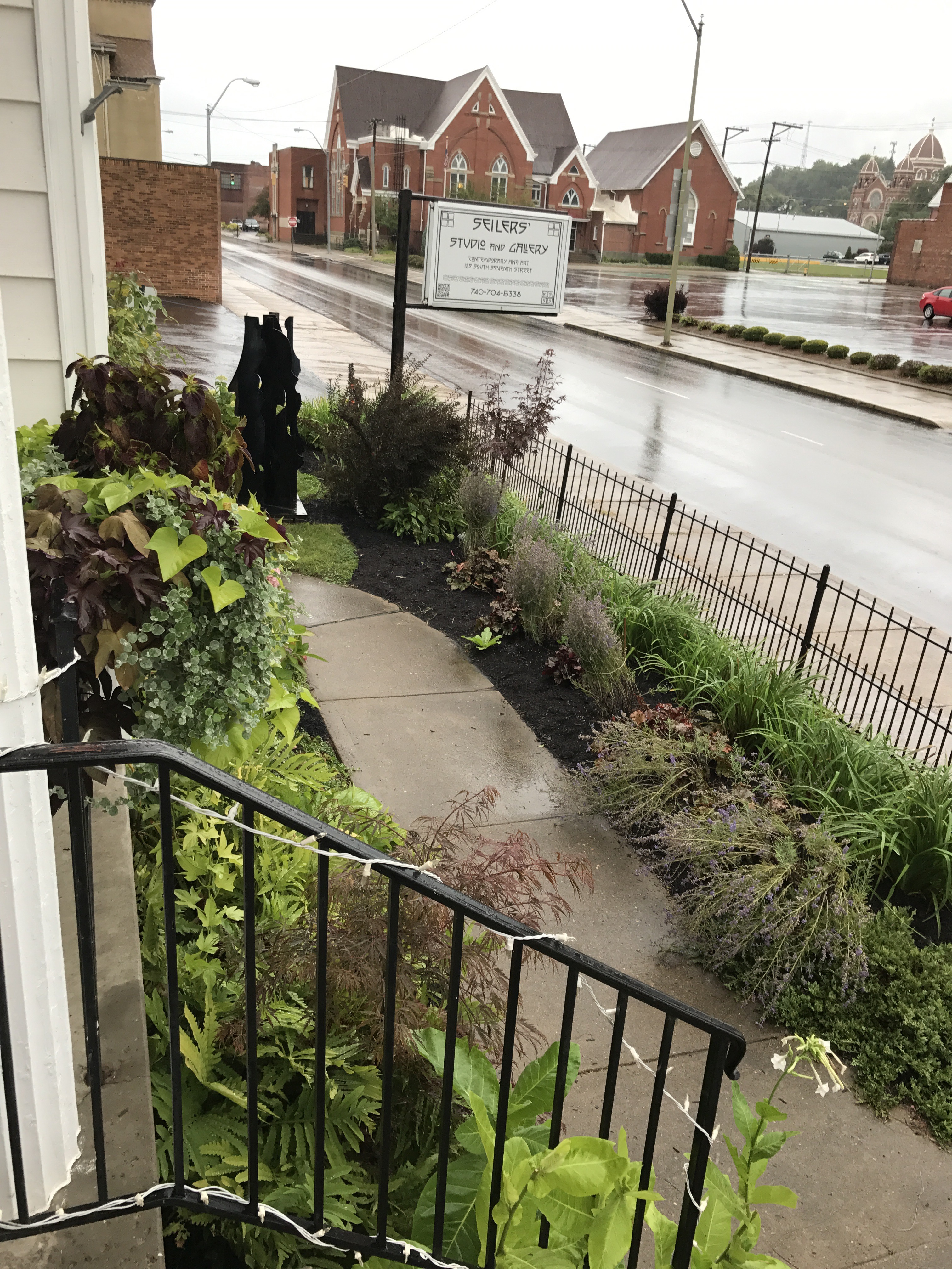 Rainy sidewalk garden with wrought-iron railing