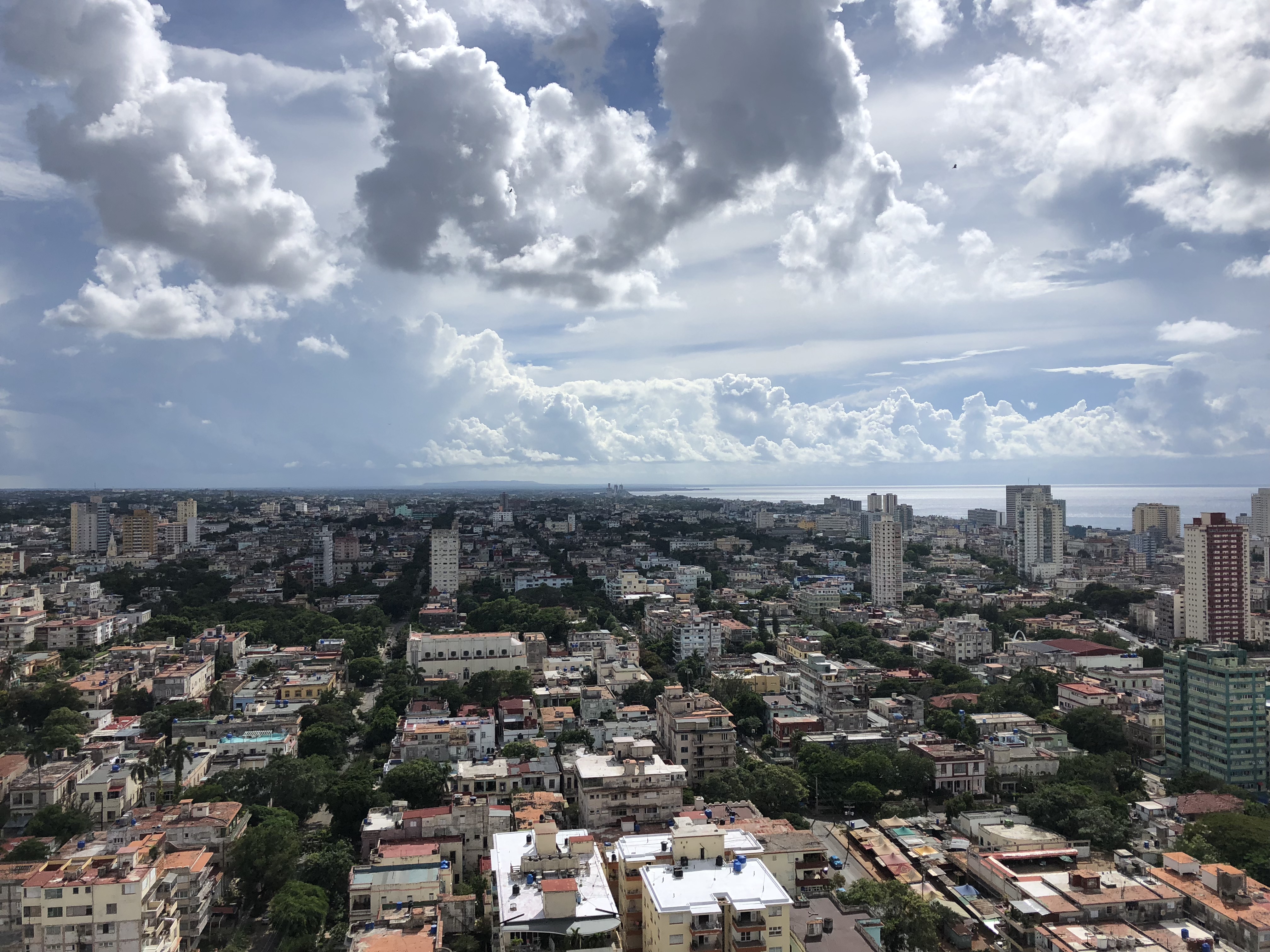 Coastal city skyline under dramatic cloudy sky