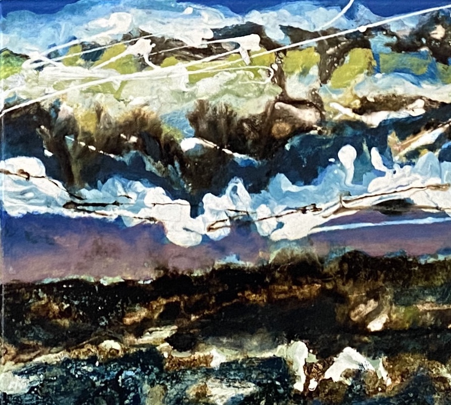 Abstract seascape painting in blues and browns