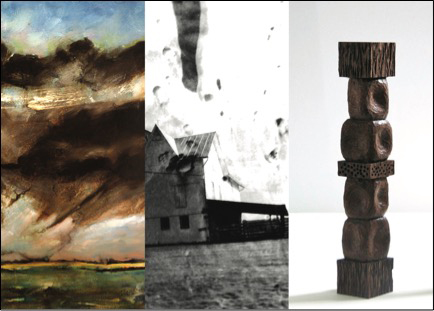 Three-panel art: storm, farmhouse, wooden totem