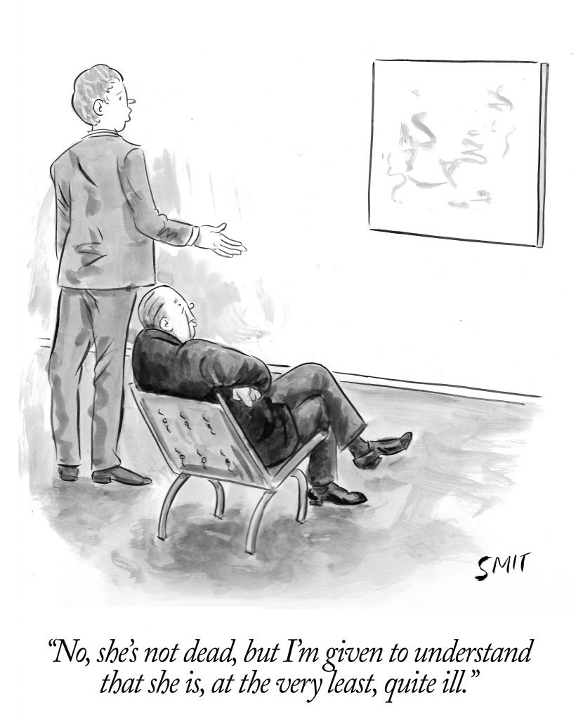 Cartoon of two men viewing abstract painting